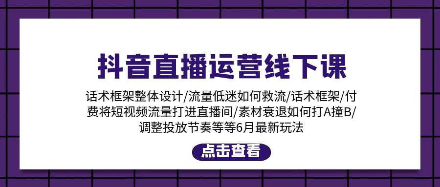 抖音直播运营线下课：话术框架/付费流量直播间/素材A撞B/等6月新玩法-课程网