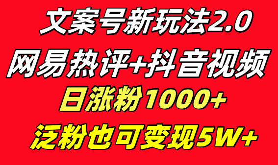 创意文案号新模式 网易热评 抖音视频文案 一天增粉1000  多种多样变现方式 泛粉也可变现-课程网