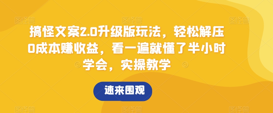 搞怪文案2.0升级版玩法，轻松解压0成本赚收益，看一遍就懂了半小时学会，实操教学【揭秘】-课程网