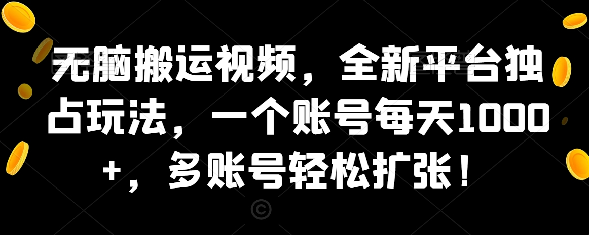 无脑搬运视频，全新平台独占玩法，一个账号每天1000+，多账号轻松扩张！-课程网