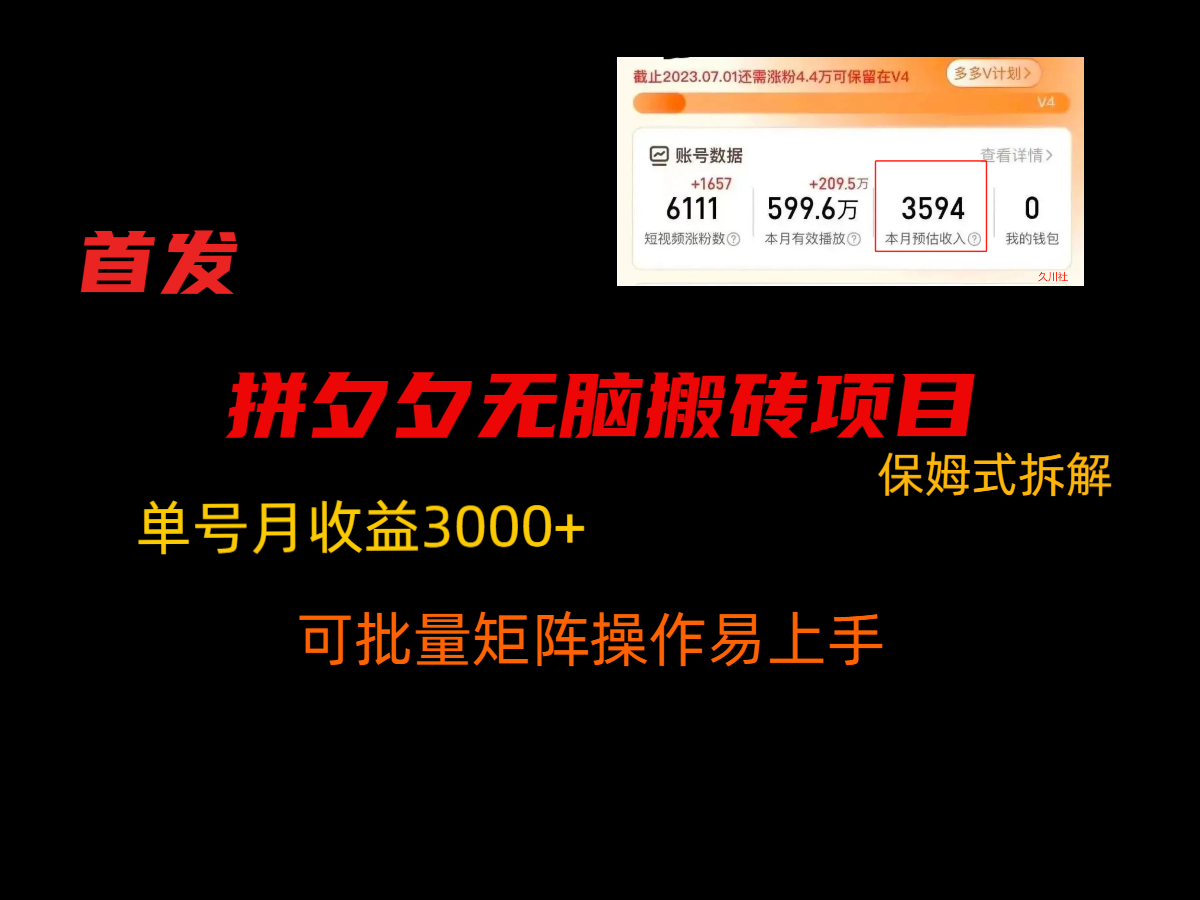 拼夕夕无脑搬砖，单号稳定收益3000+，保姆式拆解-课程网