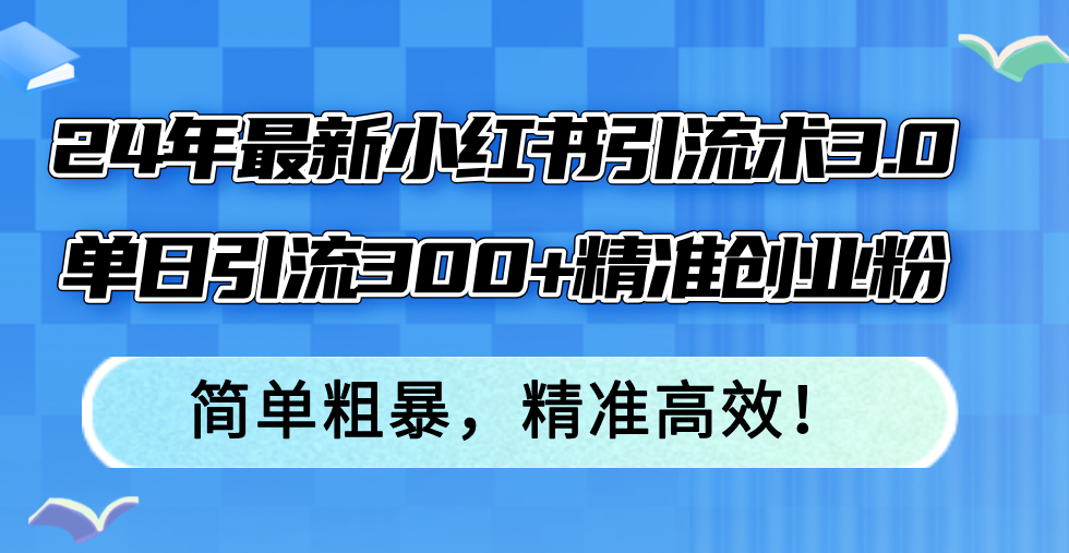 24年最新小红书引流术3.0，单日引流300+精准创业粉，简单粗暴，精准高效！-课程网