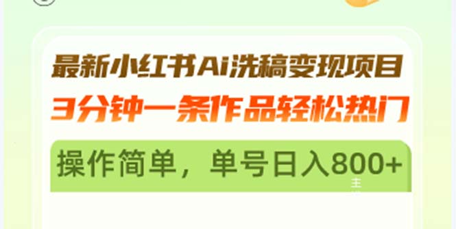 最新小红书Ai洗稿变现项目 3分钟一条作品轻松热门 操作简单，单号日入800+-课程网